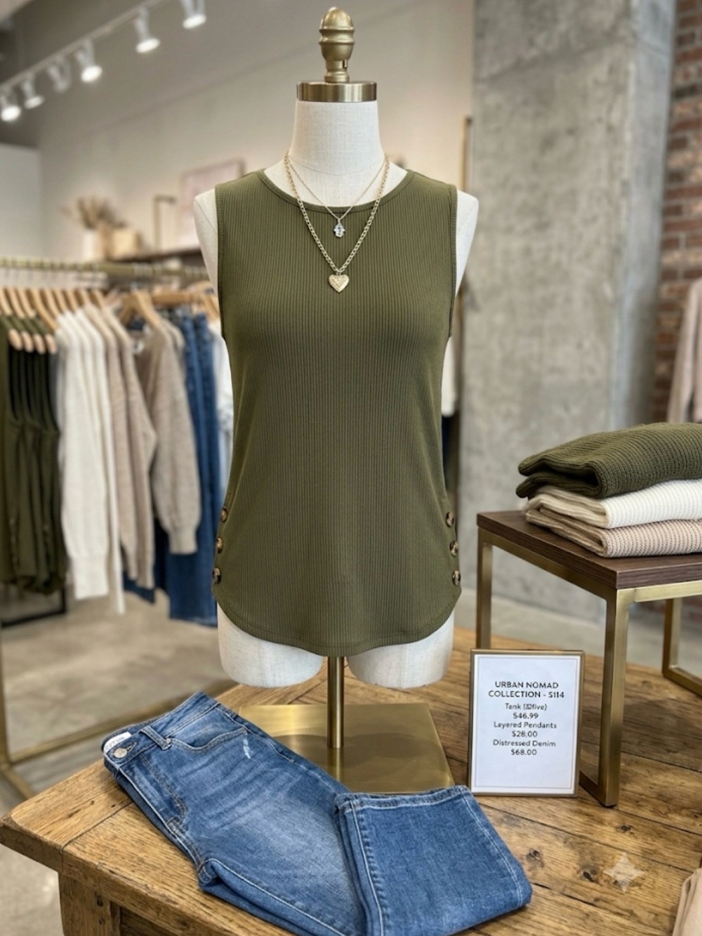 Sleeveless Ribbed Tank Top with Side Button Detail - Olive Green